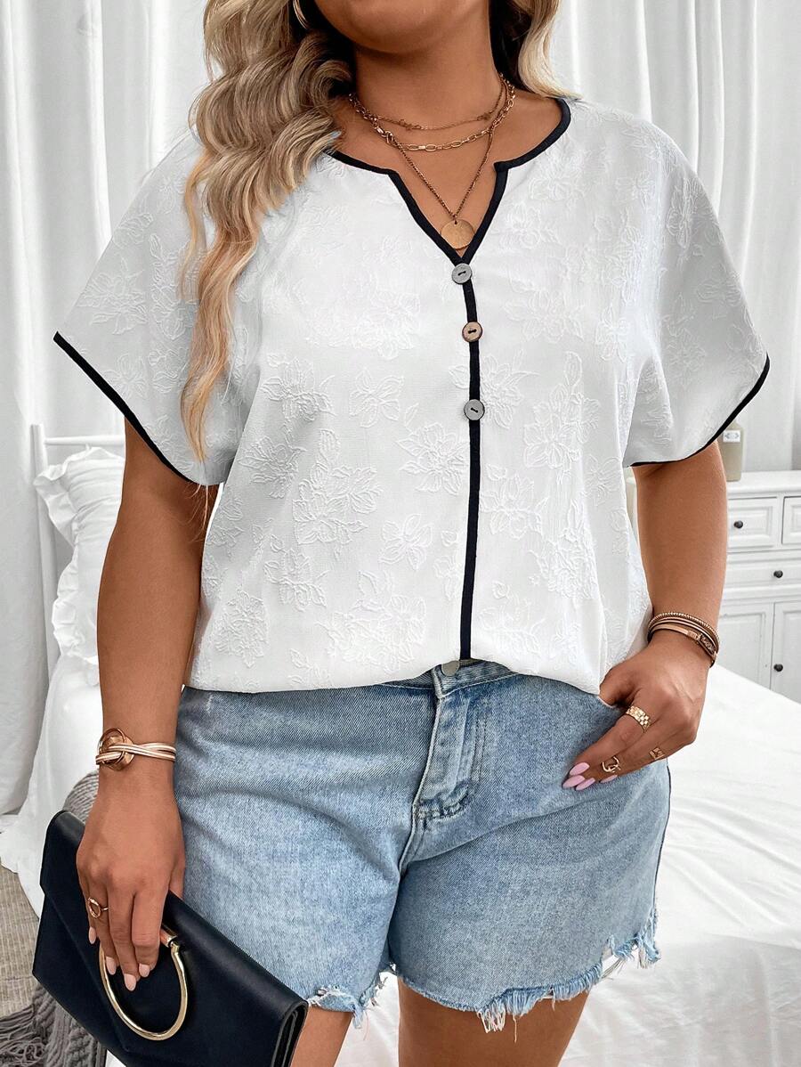 Celure 大碼撞色滾邊缺口領蝙蝠袖襯衫 - 米色 - 查看 1