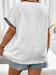 Celure 大碼撞色滾邊缺口領蝙蝠袖襯衫 - 米色 - 查看 2