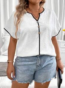 Celure 大碼撞色滾邊缺口領蝙蝠袖襯衫 - 米色 - 查看 3