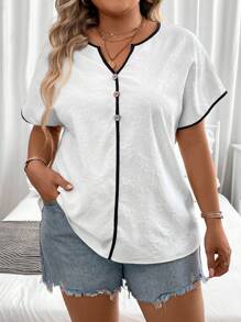 Celure 大碼撞色滾邊缺口領蝙蝠袖襯衫 - 米色 - 查看 4