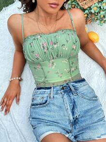 SHEIN VCAY Floral Print Ruched Bust Frill Trim Cami Top - Mint Green - View 3