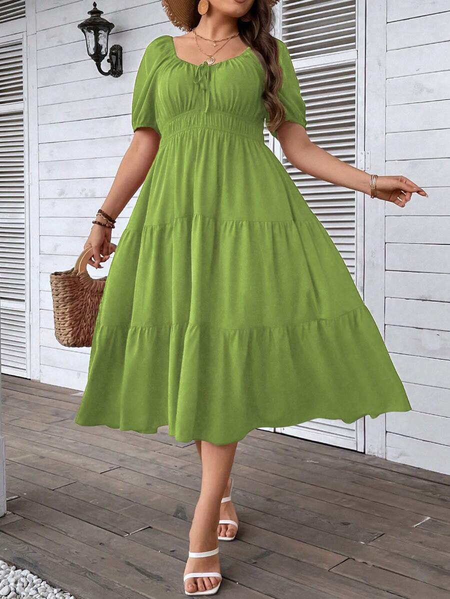 SHEIN Clasi Plus Tie Front Ruffle Hem Dress - Lime Green - View 1