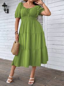 SHEIN Clasi Plus Tie Front Ruffle Hem Dress - Lime Green - View 3