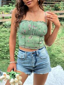 SHEIN VCAY Floral Print Ruched Bust Frill Trim Cami Top - Mint Green - View 5