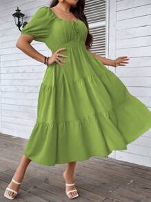 SHEIN Clasi Plus Tie Front Ruffle Hem Dress - Lime Green - View 5