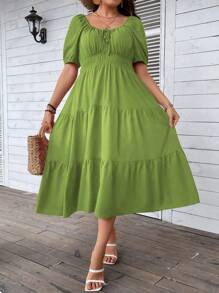 SHEIN Clasi Plus Tie Front Ruffle Hem Dress - Lime Green - View 6