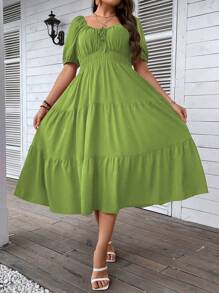 SHEIN Clasi Plus Tie Front Ruffle Hem Dress - Lime Green - View 7