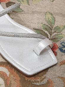 Women's Silver Flat Sandals With Toe Ring & Rhinestone Detail - Silver - View 5