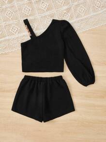 SHEIN Tween Girl Asymmetrical Neck Lantern Sleeve Top & Chain Detail Shorts