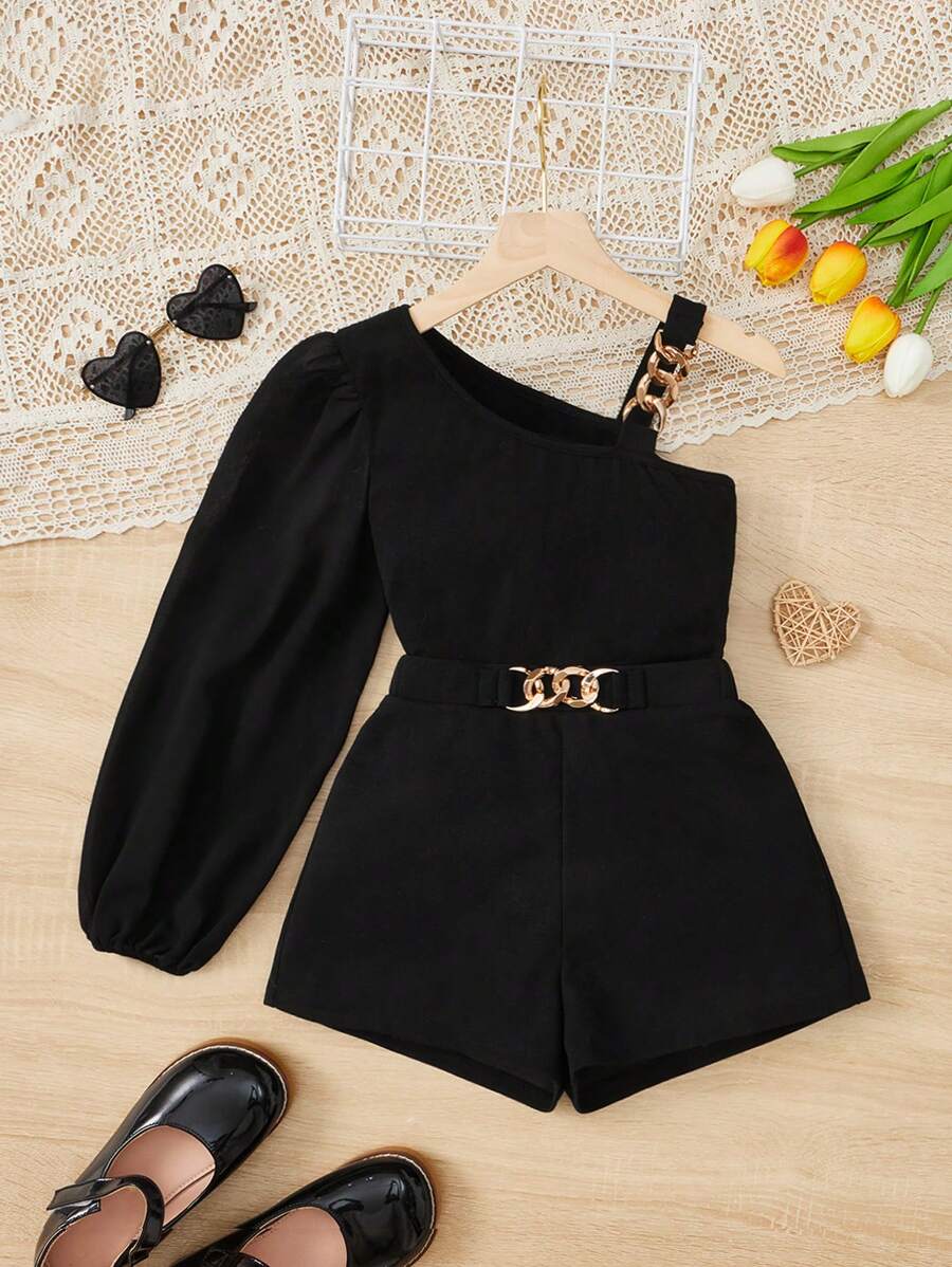 SHEIN Tween Girl Asymmetrical Neck Lantern Sleeve Top & Chain Detail Shorts