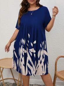 SHEIN LUNE Đầm Plus Size Xếp li Thực vật Giải trí - Màu xanh lam - Xem 5