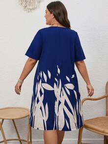 SHEIN LUNE Đầm Plus Size Xếp li Thực vật Giải trí - Màu xanh lam - Xem 4