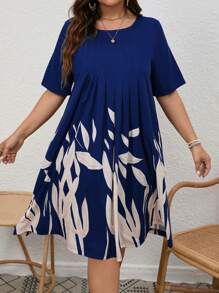 SHEIN LUNE Đầm Plus Size Xếp li Thực vật Giải trí - Màu xanh lam - Xem 3