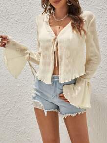 Soleia 木耳邊喇叭袖前打結上衣 - 米色 - 查看 1
