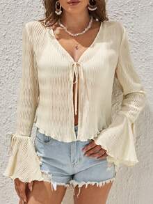 Soleia 木耳邊喇叭袖前打結上衣 - 米色 - 查看 5