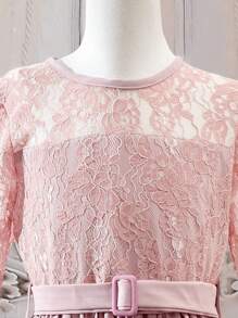 SHEIN Đầm Gái Thắt lưng Tương phản ren Xếp li màu trơn Dễ thương - Bụi hồng - Xem 3