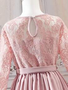 SHEIN Đầm Gái Thắt lưng Tương phản ren Xếp li màu trơn Dễ thương - Bụi hồng - Xem 5