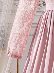 SHEIN Đầm Gái Thắt lưng Tương phản ren Xếp li màu trơn Dễ thương - Bụi hồng - Xem 4