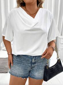 SHEIN Clasi Plus Solid Draped Collar Tee - White - View 2