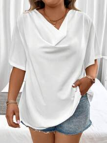 SHEIN Clasi Plus Solid Draped Collar Tee - White - View 1