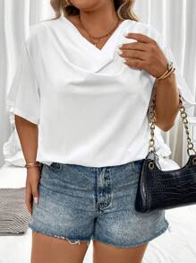 SHEIN Clasi Plus Solid Draped Collar Tee - White - View 4