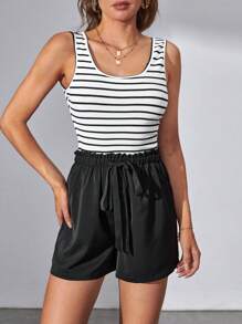 SHEIN Tall Sọc Áo ba lỗ & Nếp gấp cao eo Quần short - Đen và trắng - Xem 3
