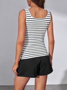 SHEIN Tall Sọc Áo ba lỗ & Nếp gấp cao eo Quần short - Đen và trắng - Xem 2