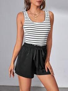 SHEIN Tall Sọc Áo ba lỗ & Nếp gấp cao eo Quần short - Đen và trắng - Xem 5