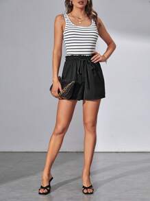 SHEIN Tall Sọc Áo ba lỗ & Nếp gấp cao eo Quần short - Đen và trắng - Xem 1