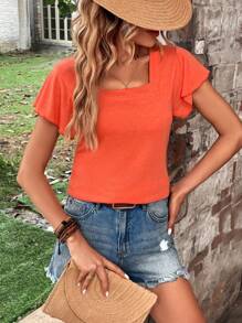 SHEIN Clasi 方領蝴蝶袖T恤 - 橘色 - 查看 1