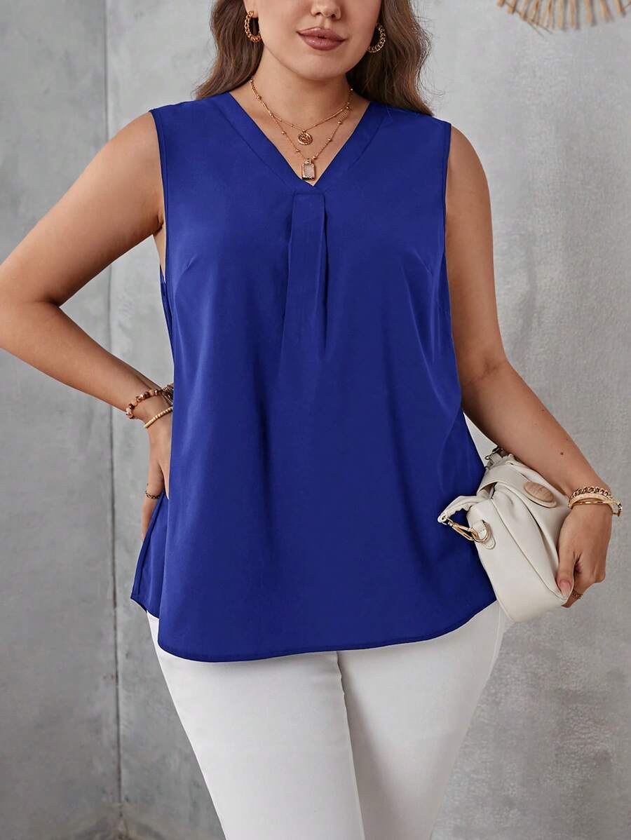 SHEIN LUNE Plus Solid V Neck Sleeveless Blouse - Royal Blue - View 1