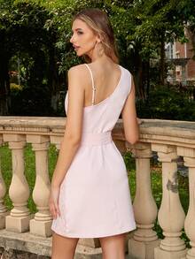 D&M Asymmetrical Neck Button Front Belted Blazer Dress - Baby Pink - View 2