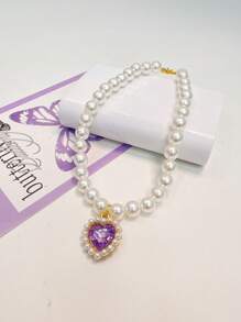Heart Shaped Pearl Necklace - Purple - View 1