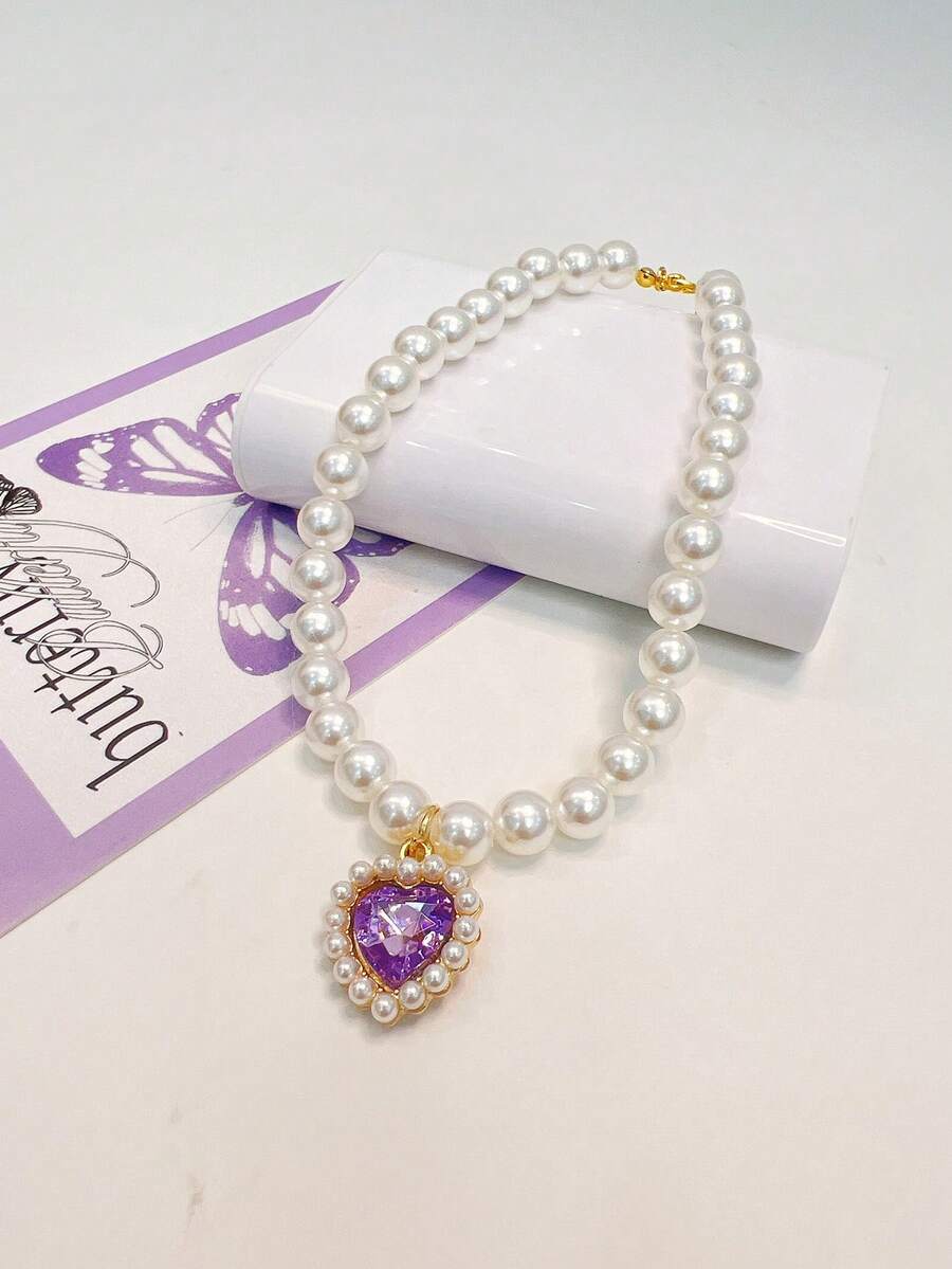 Heart Shaped Pearl Necklace - Purple - View 1