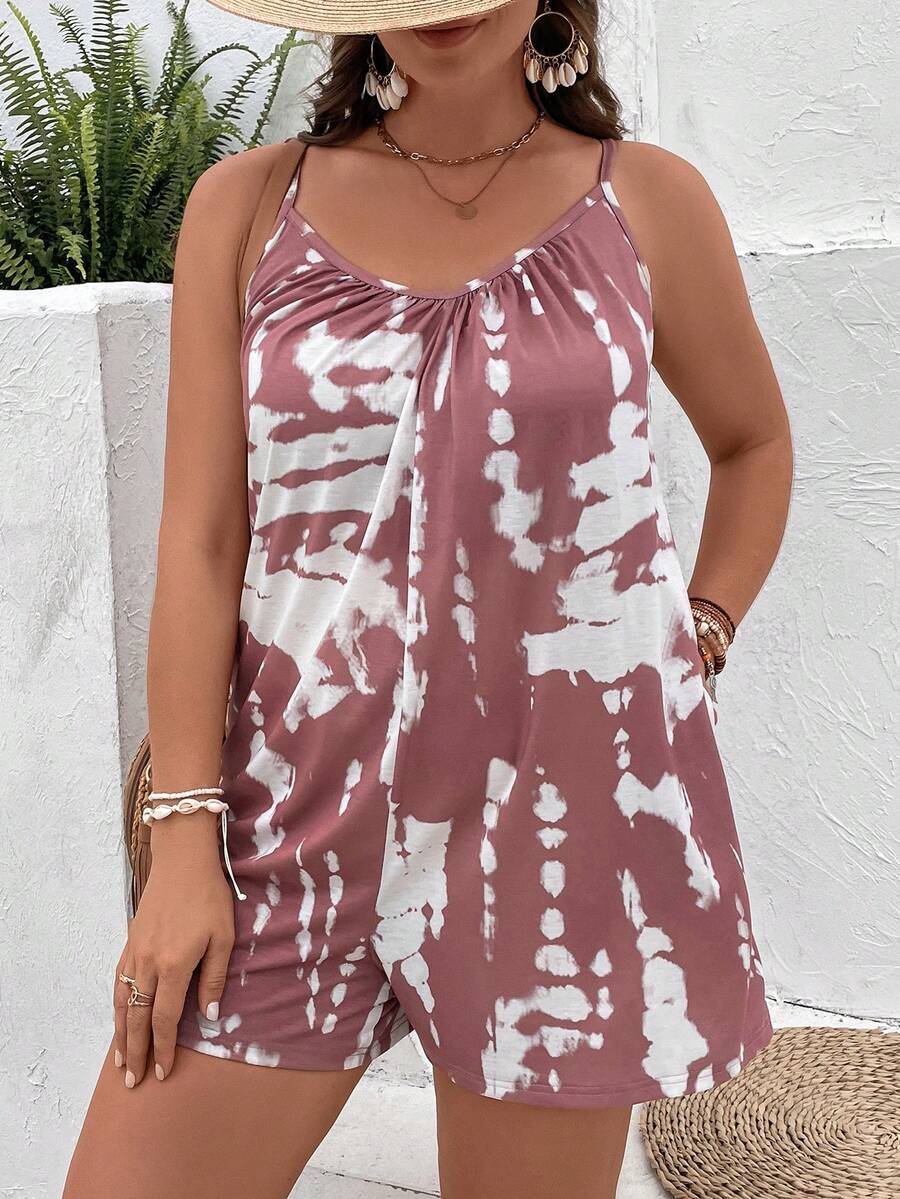 SHEIN VCAY 大碼紮染吊帶連體短褲 - 藕粉色 - 查看 1