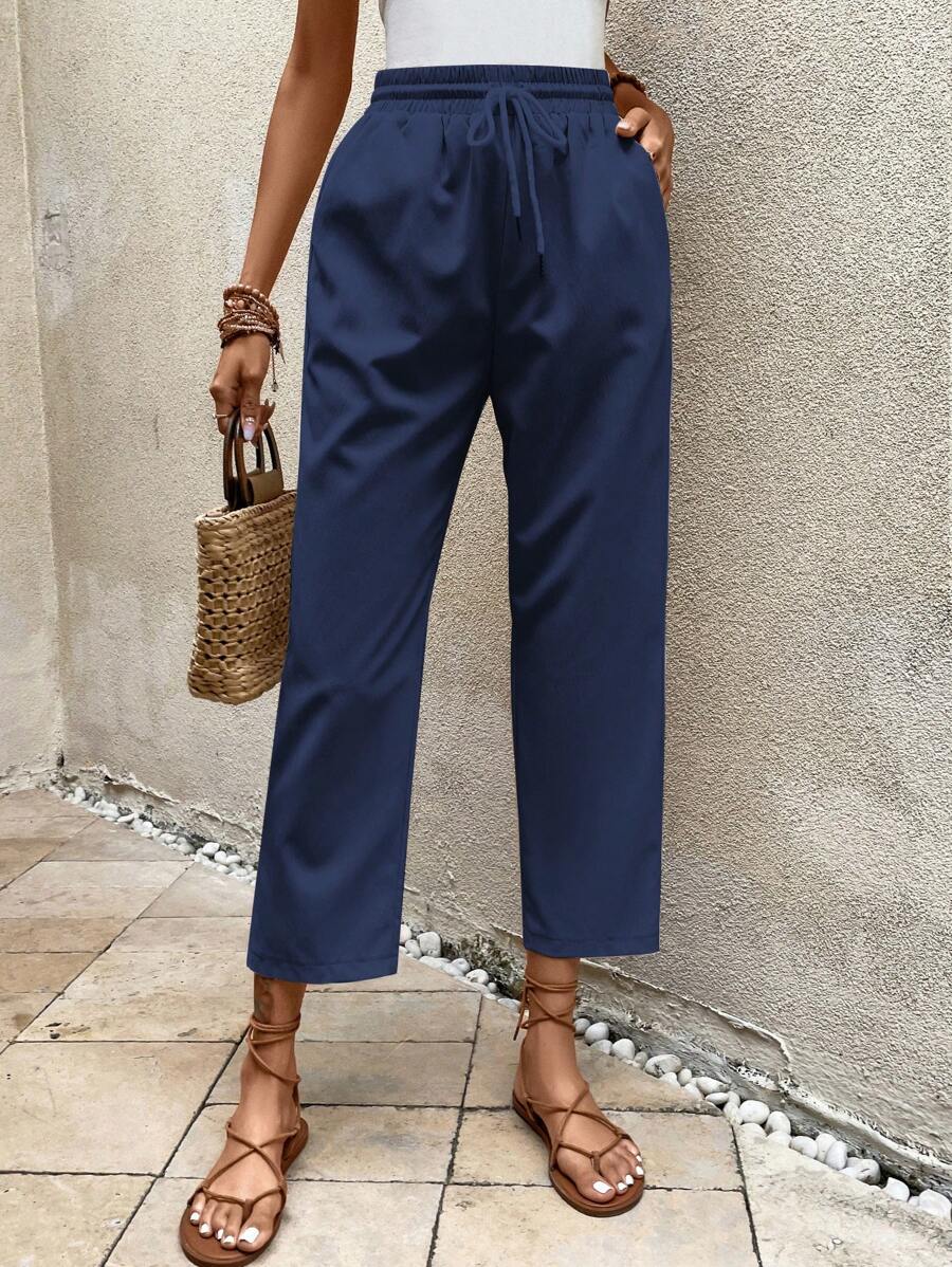 SHEIN LUNE Quần nữ Dây kéo Túi màu trơn Giải trí - Màu xanh hải quân - Xem 1