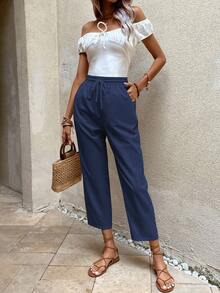 SHEIN LUNE Quần nữ Dây kéo Túi màu trơn Giải trí - Màu xanh hải quân - Xem 4