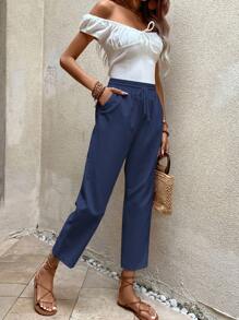 SHEIN LUNE Quần nữ Dây kéo Túi màu trơn Giải trí - Màu xanh hải quân - Xem 6