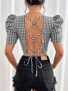 SHEIN Privé Gingham Print Lace Up Backless Puff Sleeve Crop Blouse