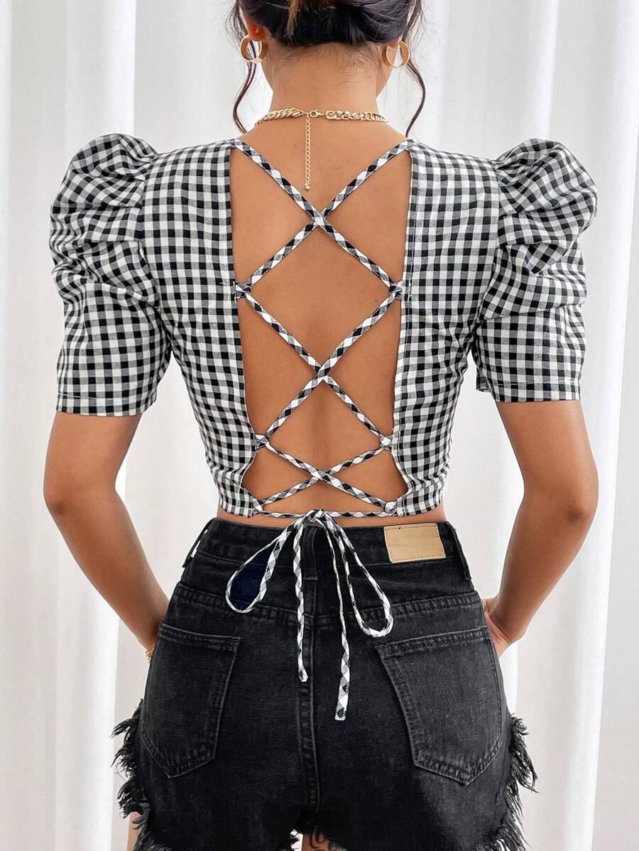SHEIN Privé Gingham Print Lace Up Backless Puff Sleeve Crop Blouse