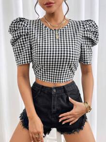 SHEIN Privé Gingham Print Lace Up Backless Puff Sleeve Crop Blouse