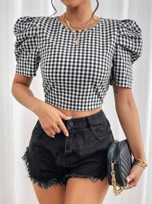 SHEIN Privé Gingham Print Lace Up Backless Puff Sleeve Crop Blouse