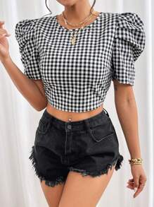 SHEIN Privé Gingham Print Lace Up Backless Puff Sleeve Crop Blouse