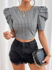 SHEIN Privé Gingham Print Lace Up Backless Puff Sleeve Crop Blouse