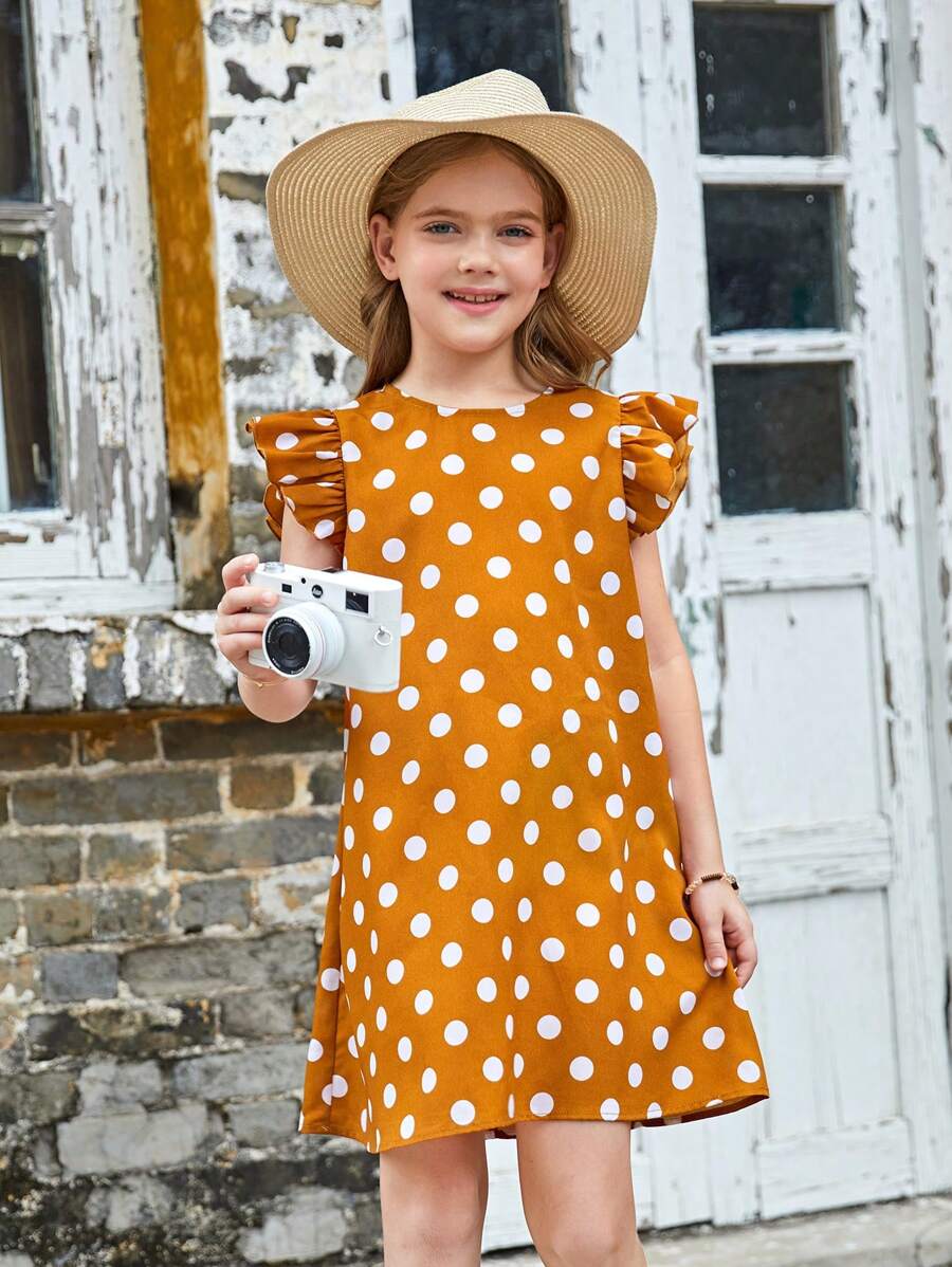 SHEIN Tween Girl 1pc Polka Dot Ruffle Trim Dress - Orange - View 1