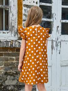 SHEIN Tween Girl 1pc Polka Dot Ruffle Trim Dress - Orange - View 2