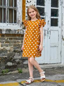SHEIN Tween Girl 1pc Polka Dot Ruffle Trim Dress - Orange - View 3