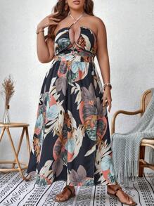 SHEIN VCAY Đầm Plus Size Lộ Lưng Hội Chữ thập Buộc lại Nhiệt đới Boho - Nhiều màu - Xem 4