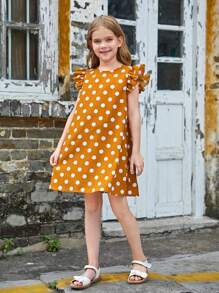SHEIN Tween Girl 1pc Polka Dot Ruffle Trim Dress - Orange - View 4