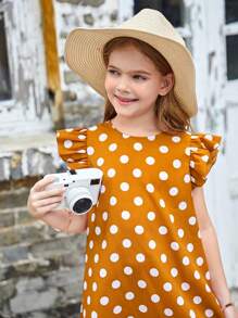 SHEIN Tween Girl 1pc Polka Dot Ruffle Trim Dress - Orange - View 5